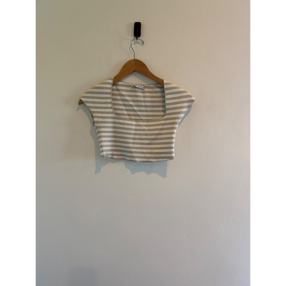 Zara Tops - Zara Womens Beige White Striped Knit Square Neck Crop Top Short Sleeve Small